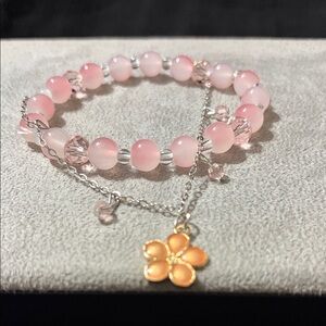 Pink Beaded Bracelet with Flower Charm